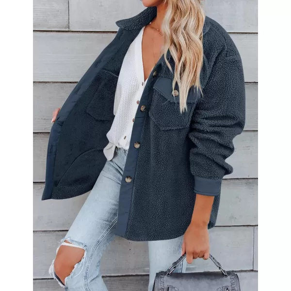 ZESICA Womens Winter Casual Sherpa Fleece Jacket Long Sleeve Button Solid Warm Fuzzy Outwear Coat PocketsNavy Blue