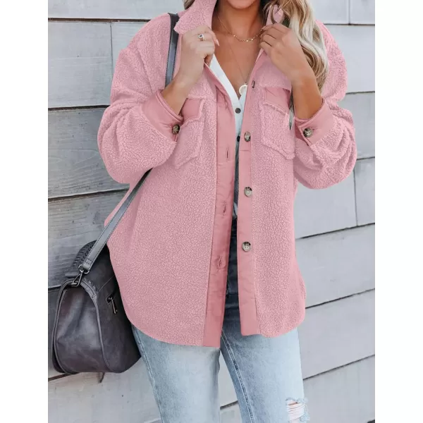 ZESICA Womens Winter Casual Sherpa Fleece Jacket Long Sleeve Button Solid Warm Fuzzy Outwear Coat PocketsPink