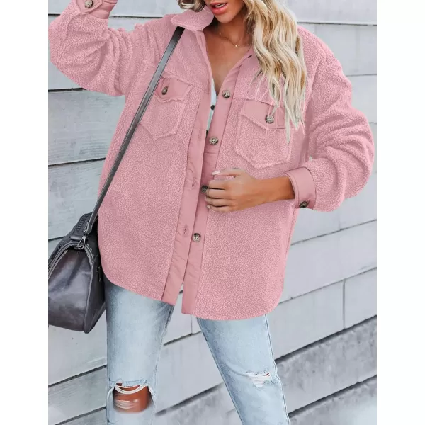 ZESICA Womens Winter Casual Sherpa Fleece Jacket Long Sleeve Button Solid Warm Fuzzy Outwear Coat PocketsPink
