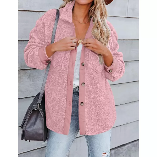 ZESICA Womens Winter Casual Sherpa Fleece Jacket Long Sleeve Button Solid Warm Fuzzy Outwear Coat PocketsPink