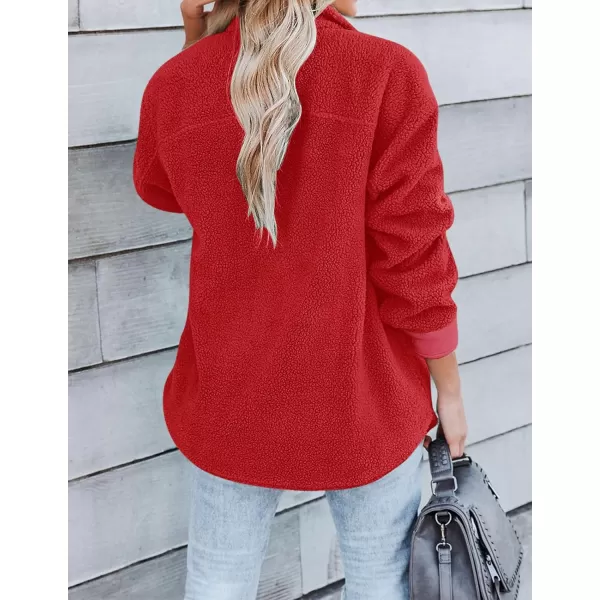 ZESICA Womens Winter Casual Sherpa Fleece Jacket Long Sleeve Button Solid Warm Fuzzy Outwear Coat PocketsRed