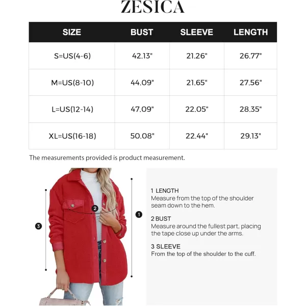 ZESICA Womens Winter Casual Sherpa Fleece Jacket Long Sleeve Button Solid Warm Fuzzy Outwear Coat PocketsRed