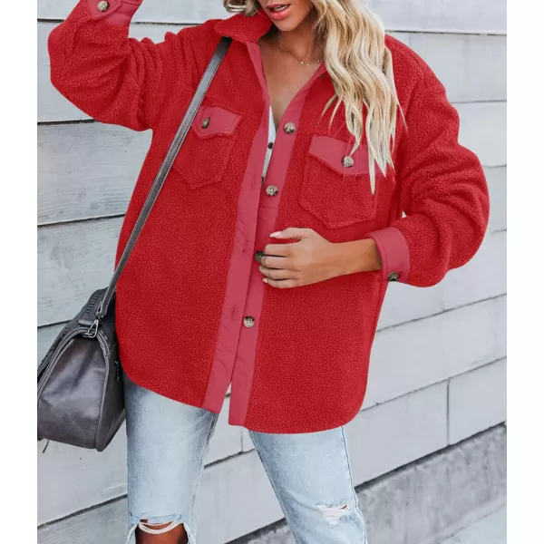 ZESICA Womens Winter Casual Sherpa Fleece Jacket Long Sleeve Button Solid Warm Fuzzy Outwear Coat PocketsRed