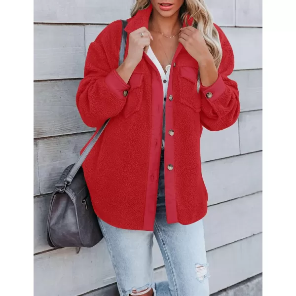 ZESICA Womens Winter Casual Sherpa Fleece Jacket Long Sleeve Button Solid Warm Fuzzy Outwear Coat PocketsRed