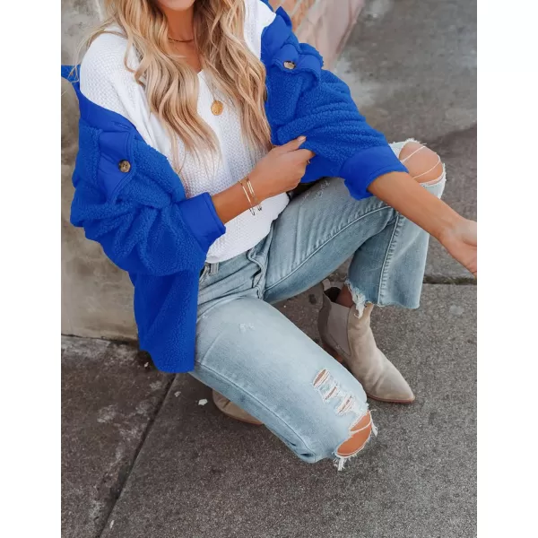 ZESICA Womens Winter Casual Sherpa Fleece Jacket Long Sleeve Button Solid Warm Fuzzy Outwear Coat PocketsRoyal Blue
