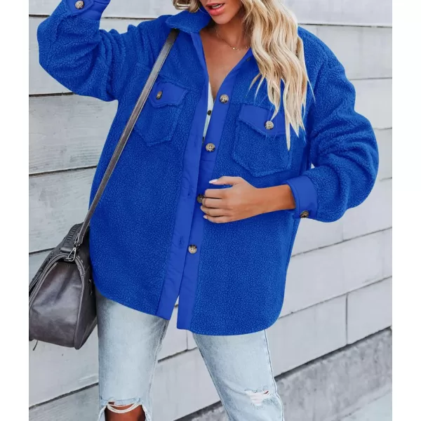 ZESICA Womens Winter Casual Sherpa Fleece Jacket Long Sleeve Button Solid Warm Fuzzy Outwear Coat PocketsRoyal Blue
