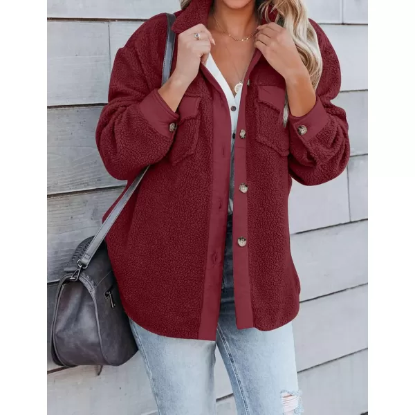 ZESICA Womens Winter Casual Sherpa Fleece Jacket Long Sleeve Button Solid Warm Fuzzy Outwear Coat PocketsWine