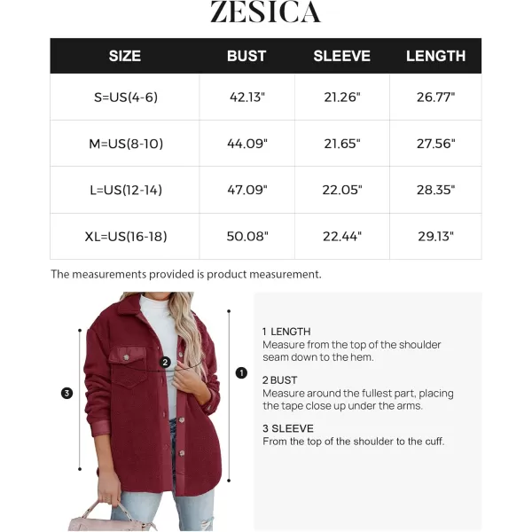 ZESICA Womens Winter Casual Sherpa Fleece Jacket Long Sleeve Button Solid Warm Fuzzy Outwear Coat PocketsWine