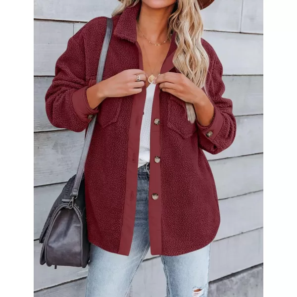 ZESICA Womens Winter Casual Sherpa Fleece Jacket Long Sleeve Button Solid Warm Fuzzy Outwear Coat PocketsWine
