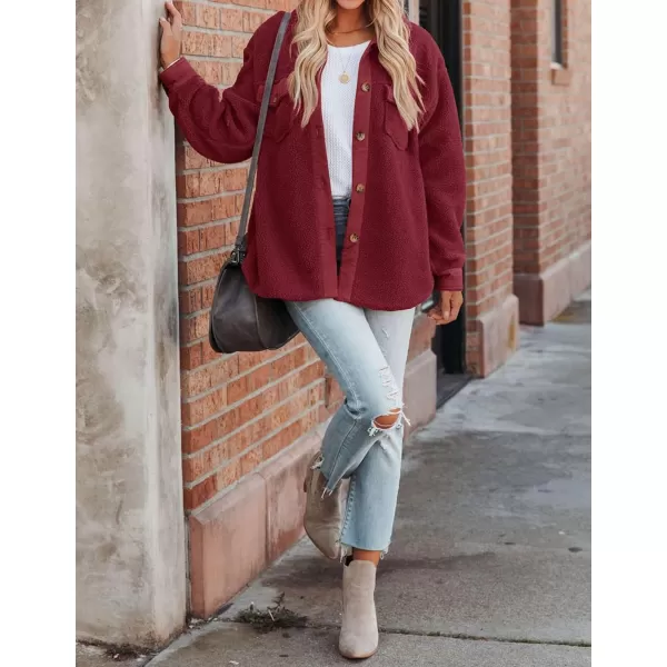 ZESICA Womens Winter Casual Sherpa Fleece Jacket Long Sleeve Button Solid Warm Fuzzy Outwear Coat PocketsWine