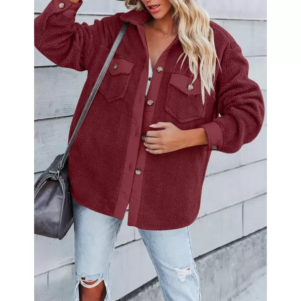ZESICA Womens Winter Casual Sherpa Fleece Jacket Long Sleeve Button Solid Warm Fuzzy Outwear Coat PocketsWine