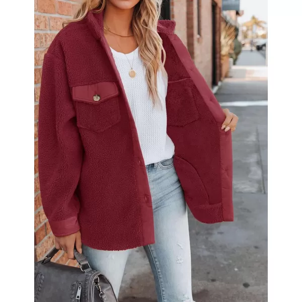 ZESICA Womens Winter Casual Sherpa Fleece Jacket Long Sleeve Button Solid Warm Fuzzy Outwear Coat PocketsWine