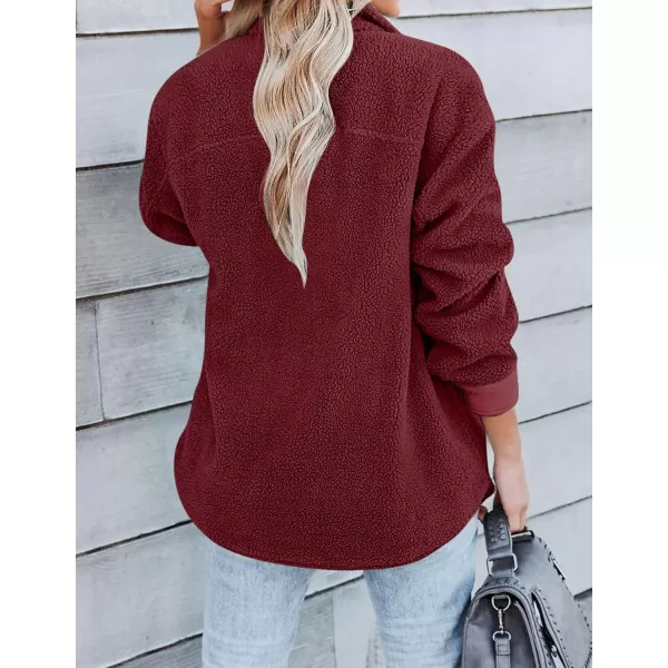 ZESICA Womens Winter Casual Sherpa Fleece Jacket Long Sleeve Button Solid Warm Fuzzy Outwear Coat PocketsWine