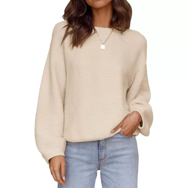 ZESICA Womens 2024 Crew Neck Long Lantern Sleeve Casual Loose Ribbed Knit Solid Soft Pullover Sweater TopsApricot