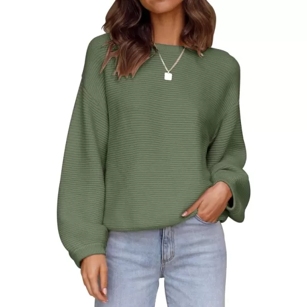 ZESICA Womens 2024 Crew Neck Long Lantern Sleeve Casual Loose Ribbed Knit Solid Soft Pullover Sweater TopsArmygreen