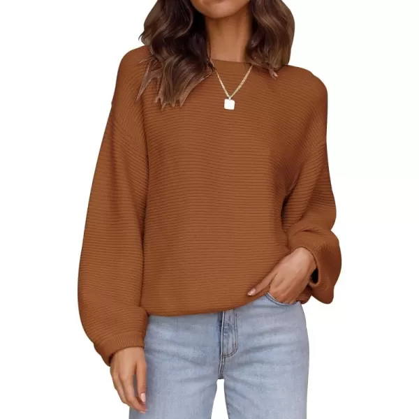 ZESICA Womens 2024 Crew Neck Long Lantern Sleeve Casual Loose Ribbed Knit Solid Soft Pullover Sweater TopsBrown