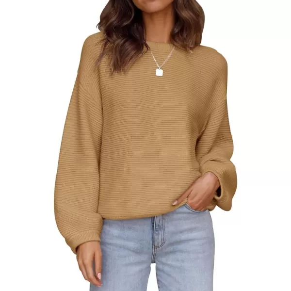 ZESICA Womens 2024 Crew Neck Long Lantern Sleeve Casual Loose Ribbed Knit Solid Soft Pullover Sweater TopsCamel