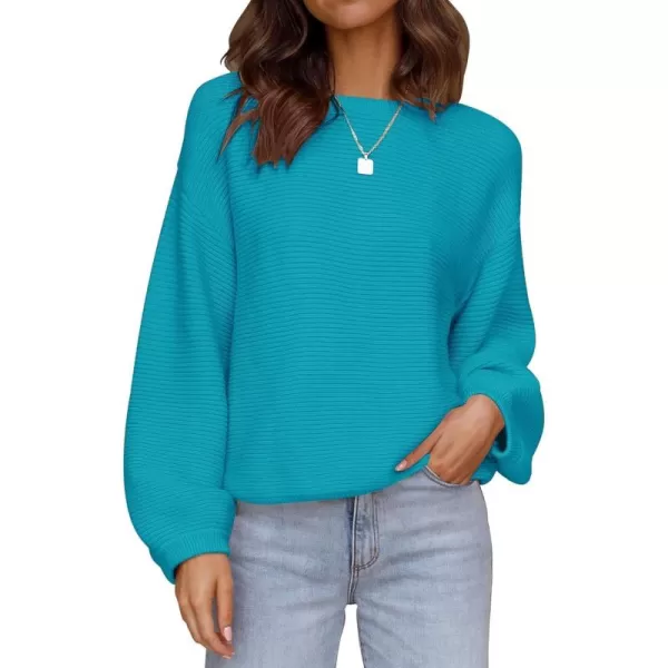 ZESICA Womens 2024 Crew Neck Long Lantern Sleeve Casual Loose Ribbed Knit Solid Soft Pullover Sweater TopsCobalt