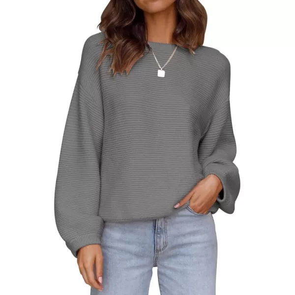 ZESICA Womens 2024 Crew Neck Long Lantern Sleeve Casual Loose Ribbed Knit Solid Soft Pullover Sweater TopsDarkgrey