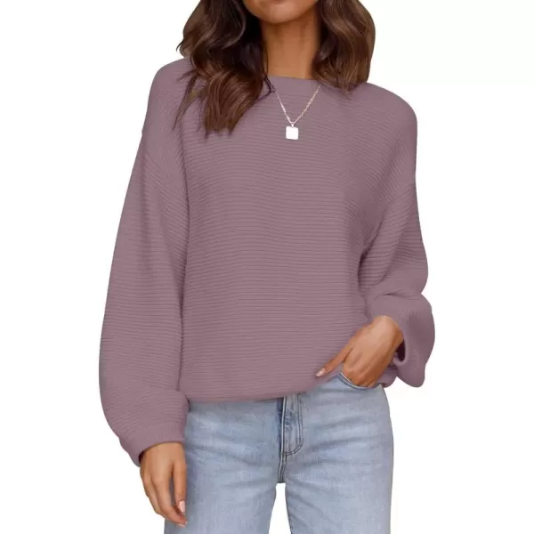 ZESICA Womens 2024 Crew Neck Long Lantern Sleeve Casual Loose Ribbed Knit Solid Soft Pullover Sweater TopsDarkviolet