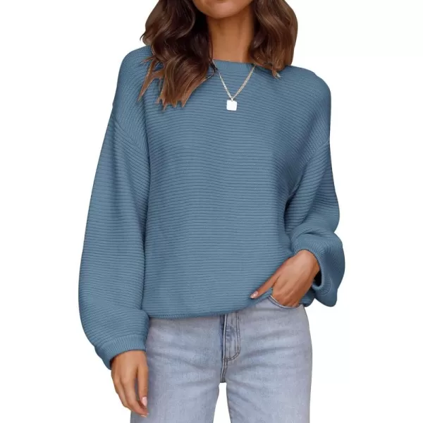 ZESICA Womens 2024 Crew Neck Long Lantern Sleeve Casual Loose Ribbed Knit Solid Soft Pullover Sweater TopsDustyblue
