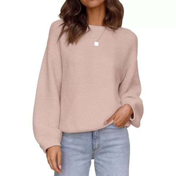 ZESICA Womens 2024 Crew Neck Long Lantern Sleeve Casual Loose Ribbed Knit Solid Soft Pullover Sweater TopsDustypink