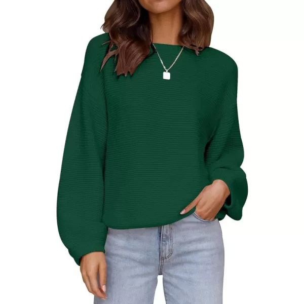 ZESICA Womens 2024 Crew Neck Long Lantern Sleeve Casual Loose Ribbed Knit Solid Soft Pullover Sweater TopsForestgreen