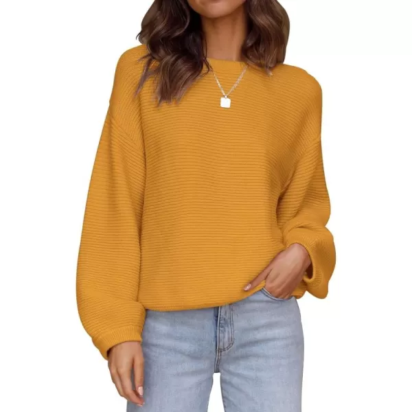ZESICA Womens 2024 Crew Neck Long Lantern Sleeve Casual Loose Ribbed Knit Solid Soft Pullover Sweater TopsGinger
