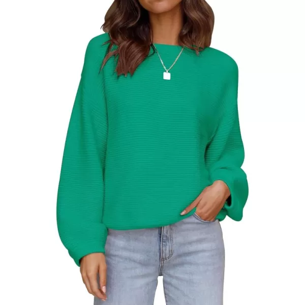ZESICA Womens 2024 Crew Neck Long Lantern Sleeve Casual Loose Ribbed Knit Solid Soft Pullover Sweater TopsGreen