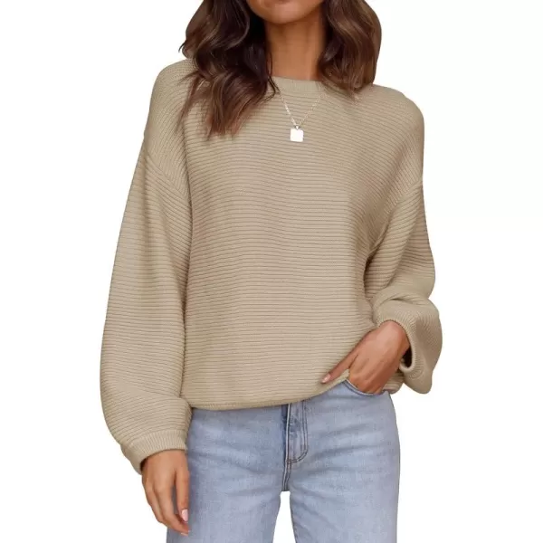 ZESICA Womens 2024 Crew Neck Long Lantern Sleeve Casual Loose Ribbed Knit Solid Soft Pullover Sweater TopsKhaki
