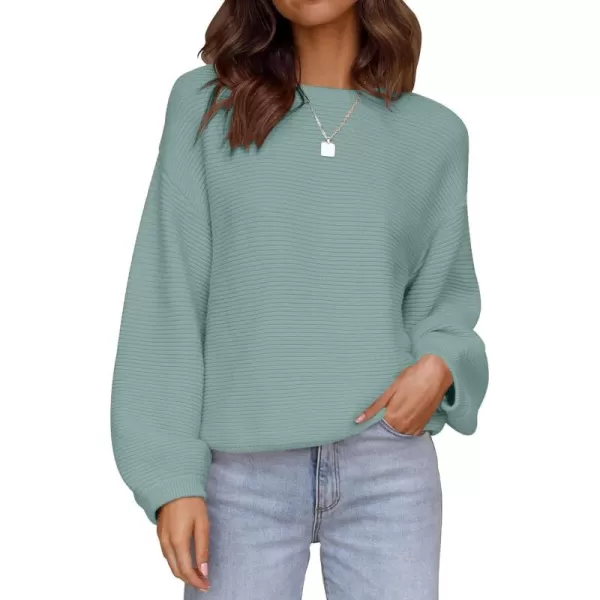 ZESICA Womens 2024 Crew Neck Long Lantern Sleeve Casual Loose Ribbed Knit Solid Soft Pullover Sweater TopsLake