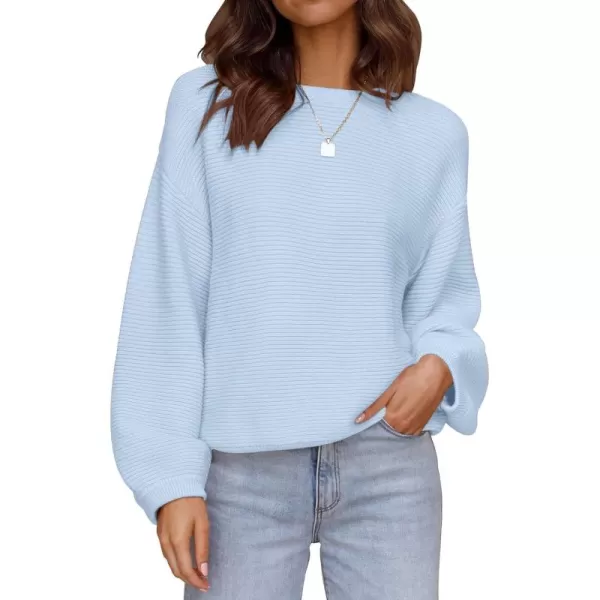 ZESICA Womens 2024 Crew Neck Long Lantern Sleeve Casual Loose Ribbed Knit Solid Soft Pullover Sweater TopsLightblue