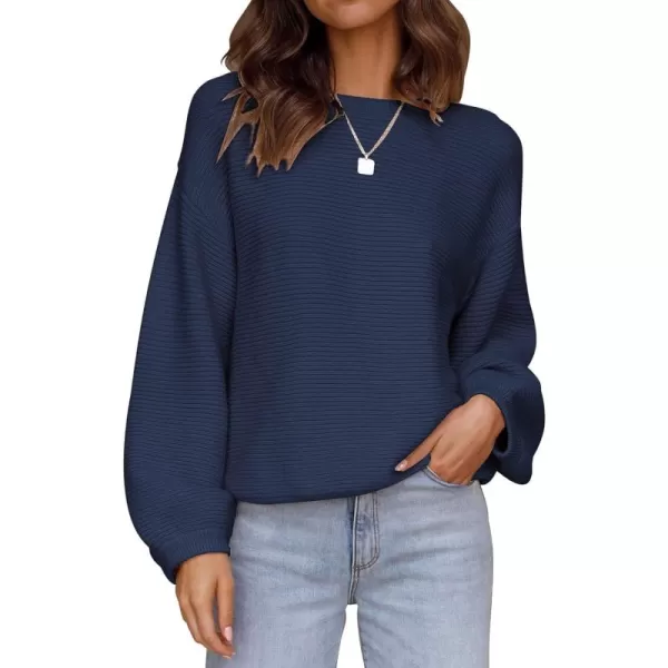 ZESICA Womens 2024 Crew Neck Long Lantern Sleeve Casual Loose Ribbed Knit Solid Soft Pullover Sweater TopsNavy