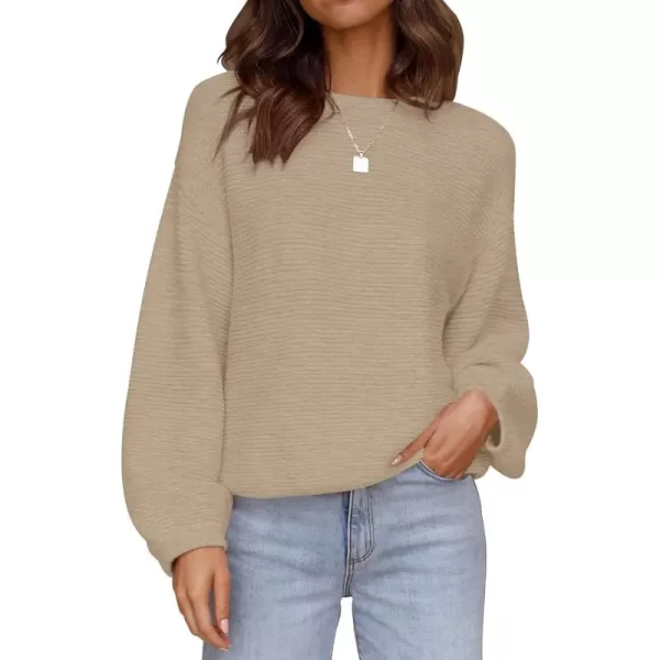 ZESICA Womens 2024 Crew Neck Long Lantern Sleeve Casual Loose Ribbed Knit Solid Soft Pullover Sweater TopsOatmeal