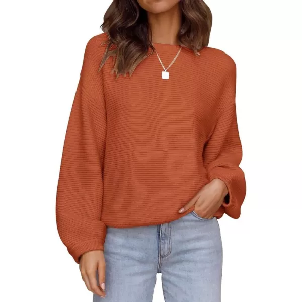 ZESICA Womens 2024 Crew Neck Long Lantern Sleeve Casual Loose Ribbed Knit Solid Soft Pullover Sweater TopsOrange