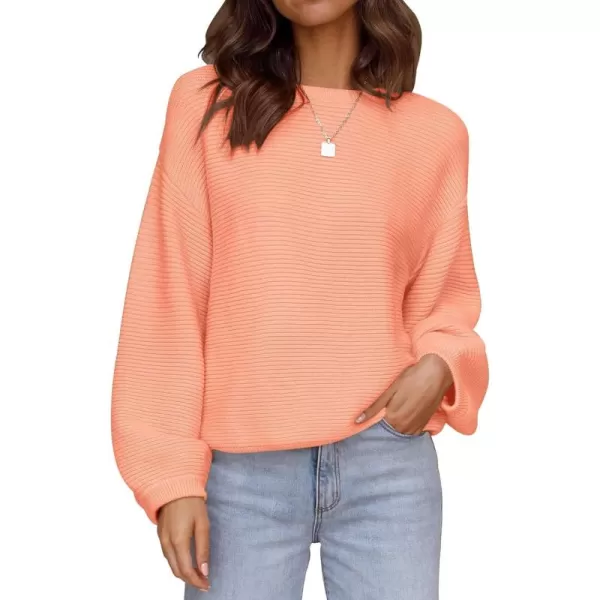 ZESICA Womens 2024 Crew Neck Long Lantern Sleeve Casual Loose Ribbed Knit Solid Soft Pullover Sweater TopsPeach