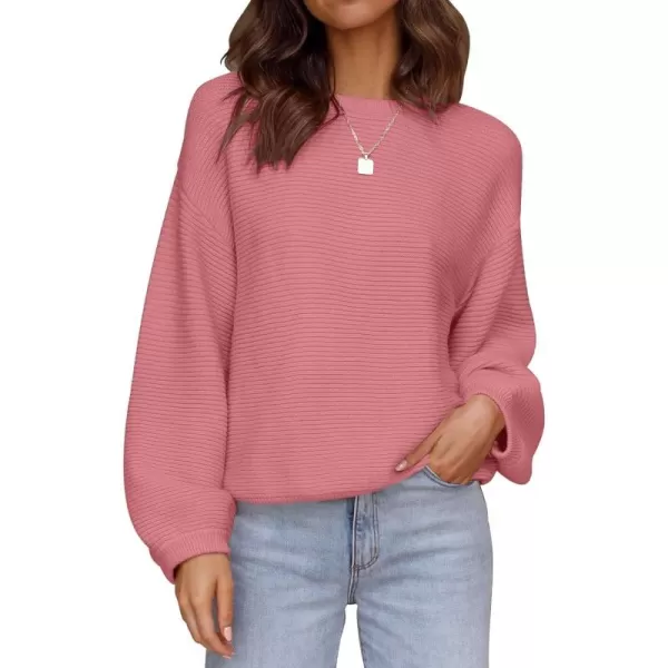 ZESICA Womens 2024 Crew Neck Long Lantern Sleeve Casual Loose Ribbed Knit Solid Soft Pullover Sweater TopsPink