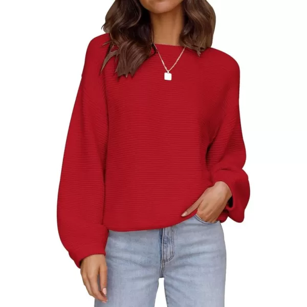 ZESICA Womens 2024 Crew Neck Long Lantern Sleeve Casual Loose Ribbed Knit Solid Soft Pullover Sweater TopsRed