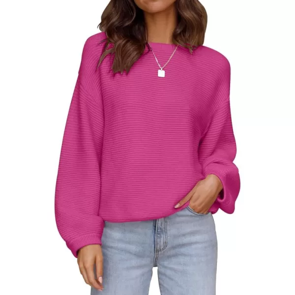 ZESICA Womens 2024 Crew Neck Long Lantern Sleeve Casual Loose Ribbed Knit Solid Soft Pullover Sweater TopsRose