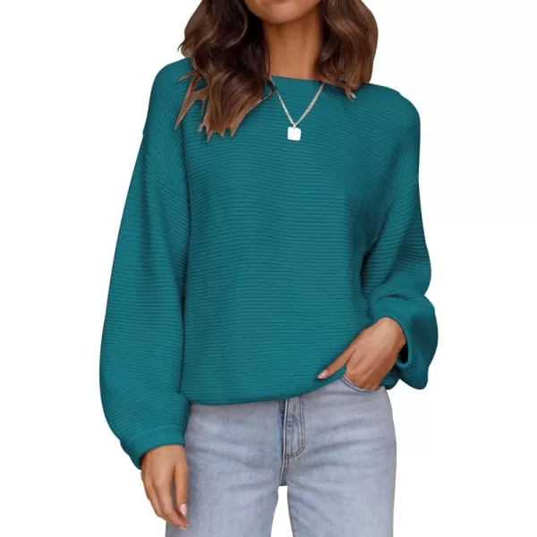 ZESICA Womens 2024 Crew Neck Long Lantern Sleeve Casual Loose Ribbed Knit Solid Soft Pullover Sweater TopsTeal