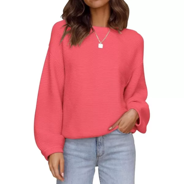 ZESICA Womens 2024 Crew Neck Long Lantern Sleeve Casual Loose Ribbed Knit Solid Soft Pullover Sweater TopsWatermelon