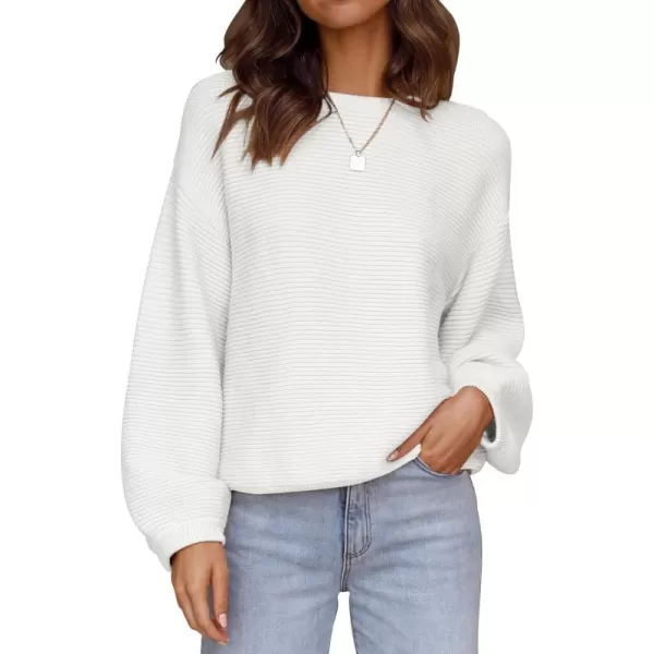 ZESICA Womens 2024 Crew Neck Long Lantern Sleeve Casual Loose Ribbed Knit Solid Soft Pullover Sweater TopsWhite