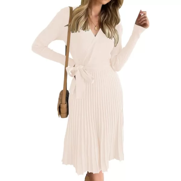 ZESICA Womens 2024 Fall Long Sleeve Wrap V Neck Ribbed Knit Pleated A Line Pullover Sweater Dress with BeltApricot