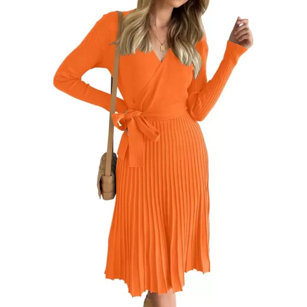 ZESICA Womens 2024 Fall Long Sleeve Wrap V Neck Ribbed Knit Pleated A Line Pullover Sweater Dress with BeltOrange