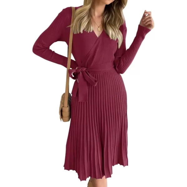 ZESICA Womens 2024 Fall Long Sleeve Wrap V Neck Ribbed Knit Pleated A Line Pullover Sweater Dress with BeltPlum