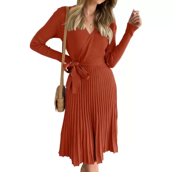 ZESICA Womens 2024 Fall Long Sleeve Wrap V Neck Ribbed Knit Pleated A Line Pullover Sweater Dress with BeltRust