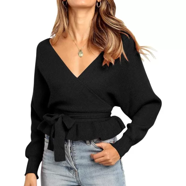 ZESICA Womens 2024 Fall Wrap V Neck Long Batwing Sleeve Belted Waist Ruffle Knitted Sweater Pullover TopBlack
