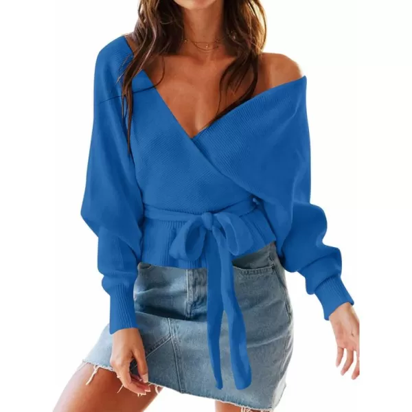ZESICA Womens 2024 Fall Wrap V Neck Long Batwing Sleeve Belted Waist Ruffle Knitted Sweater Pullover TopBrightblue