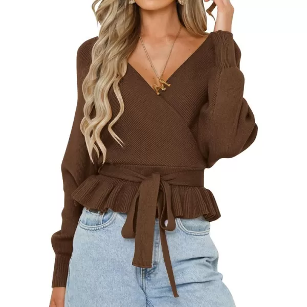 ZESICA Womens 2024 Fall Wrap V Neck Long Batwing Sleeve Belted Waist Ruffle Knitted Sweater Pullover TopBrown