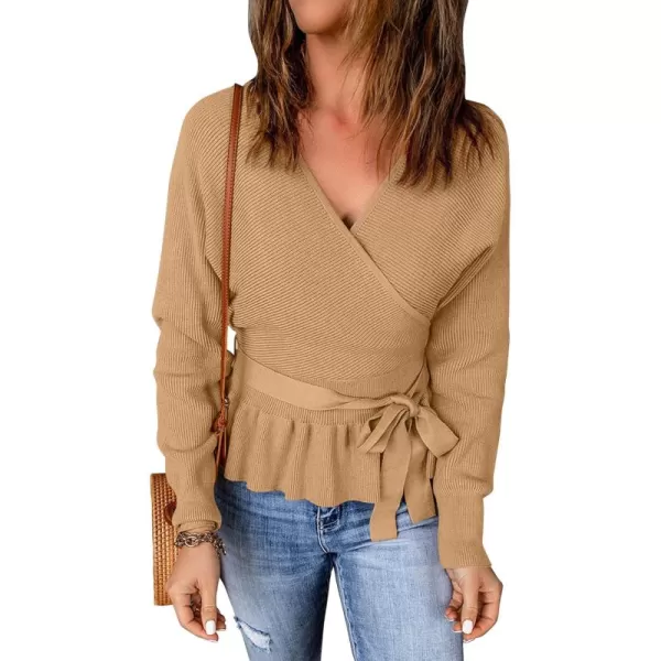 ZESICA Womens 2024 Fall Wrap V Neck Long Batwing Sleeve Belted Waist Ruffle Knitted Sweater Pullover TopCamel